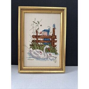 Vintage Finished Girl Hummel Swans Wall Decor Art Framed 7.5”x10.5” Handmade